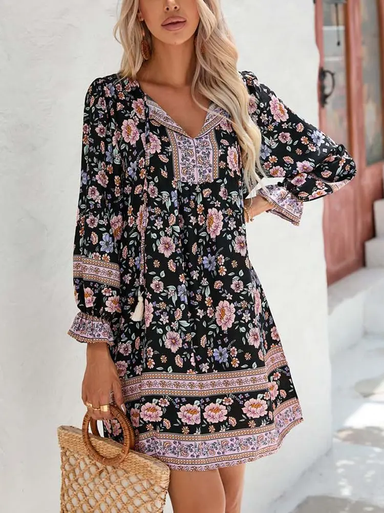 2023 Autumn Long Sleeve Floral Dress Women Viscose V-neck Boho Dress Print Loose Short Dresses for Women
2023 Autumn Long Sleeve Floral Dress Women Viscose V-neck Boho Dress Print Loose Short Dresses for Women