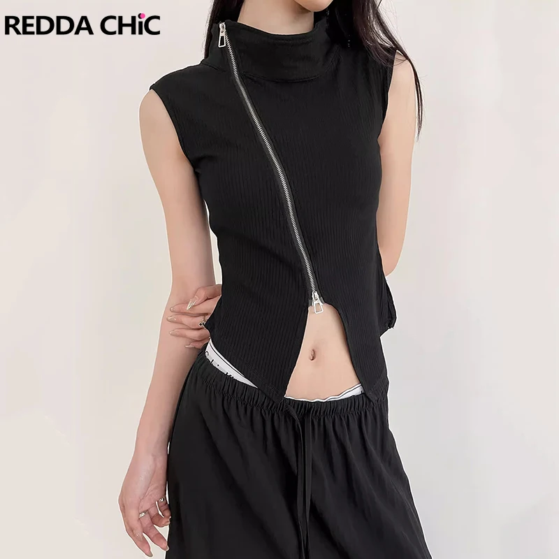 

ReddaChic Grunge Y2k Women Turtleneck Sleeveless Vest Black Solid Irregular Split Zip-up Rib Knit Tank Top Harajuku Streetwear