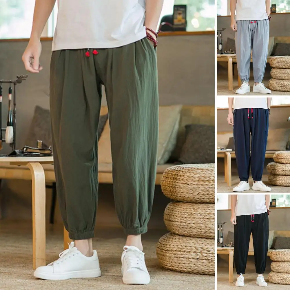 

Men Harem Pants Elastic Waist Solid Color Drawstring Ankle-banded Pockets Daily Wear Pleated Ninth Pants Summer Trousers Male Cl