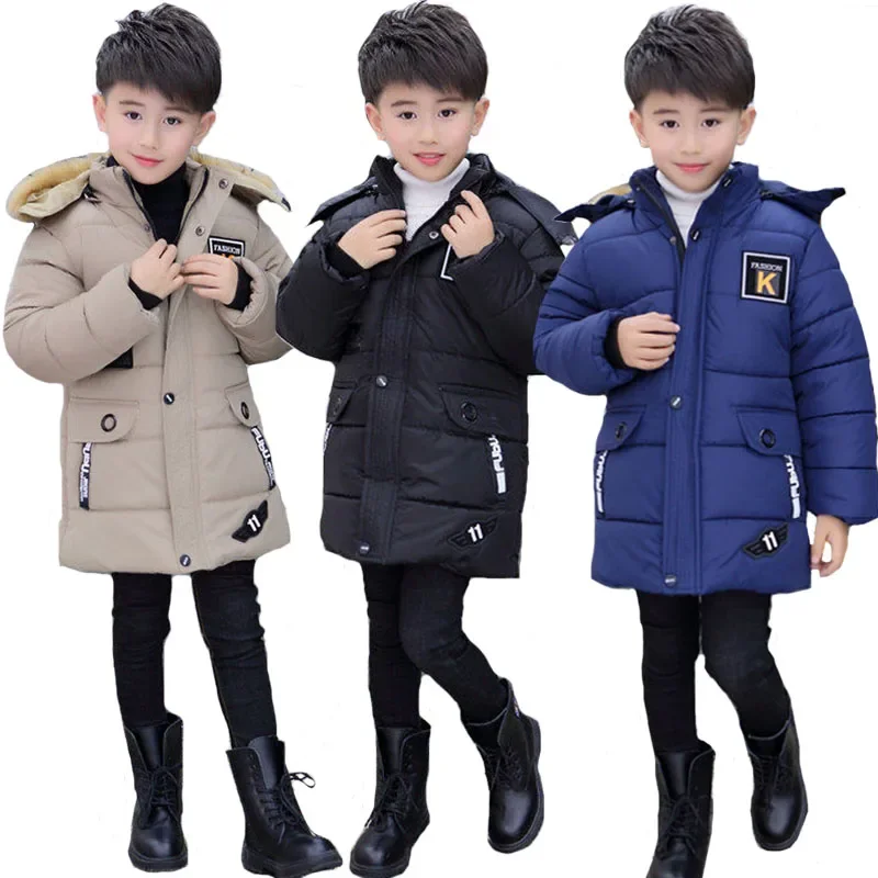 

2023 Big Size Teenager Boys Jacket Winter Mid-Length Plus Velvet Thicken Solid Color Down Cotton Hooded Windbreaker For 4-14Y