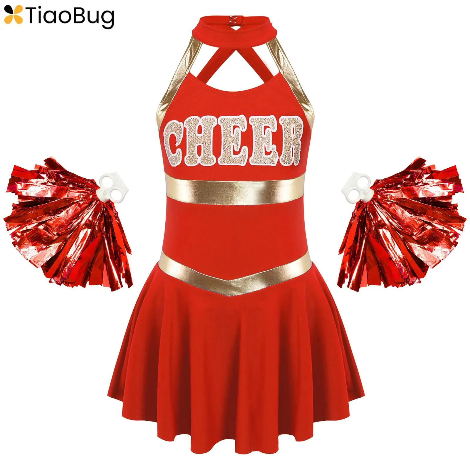 

Kids Girls Cheerleader Costume Carnival Halloween Cosplay Cheerleading Team Uniform Dance Gymnastic Pleated Dress with Pom Poms