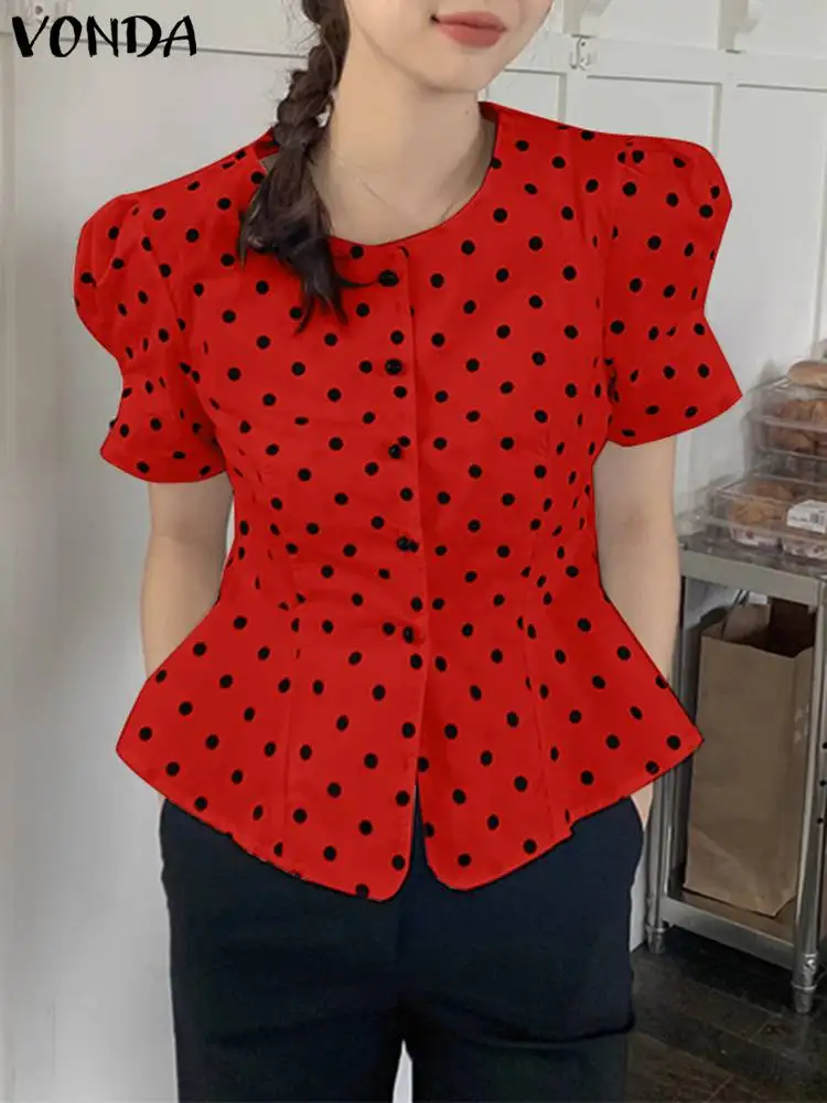 

2023 VONDA Elegant Casual Tunic Tops Polka Dot Blouse Women Short Puff Sleeve Summer O-Neck Printed Party Shirts Blusas Femme