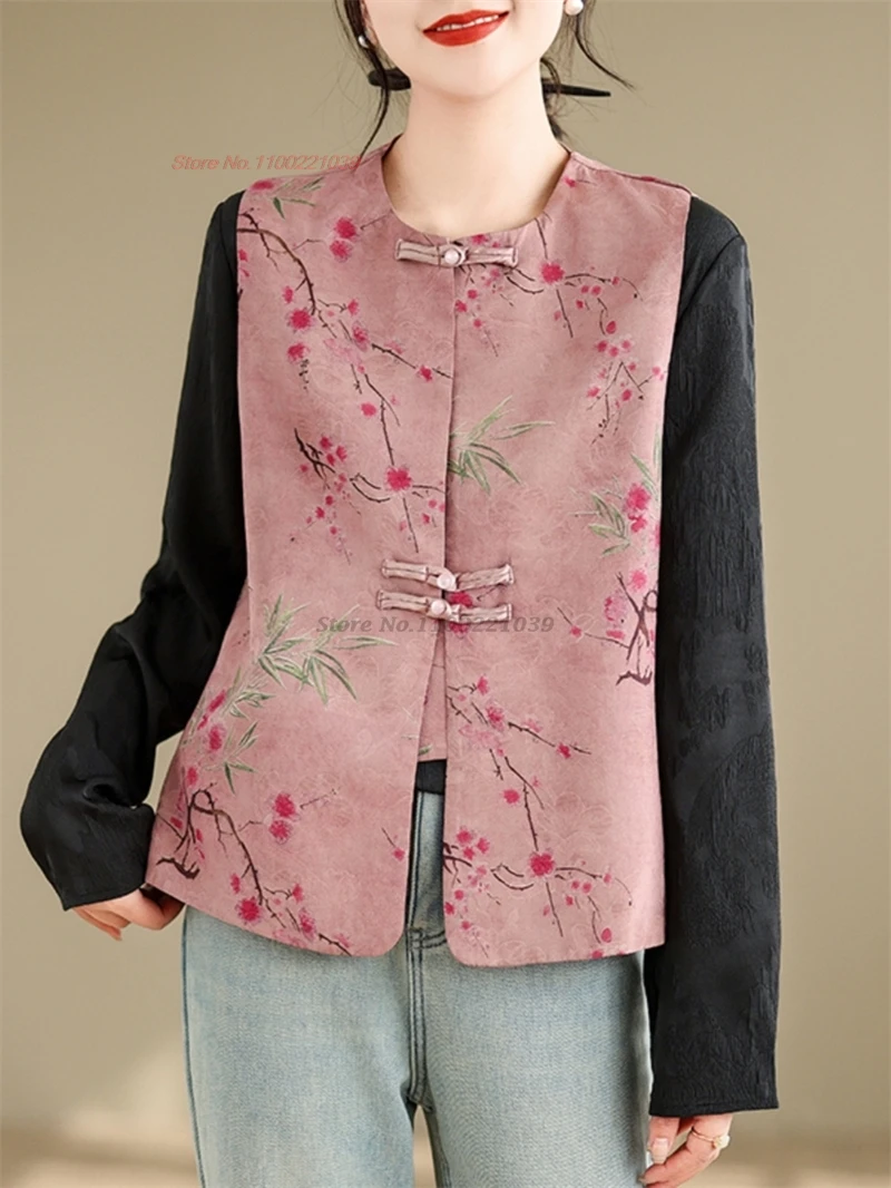 

2024 chinese vintage hanfu tops traditional ethnic vest national jacquard o-neck vest sleeveless jacket oriental retro tang suit