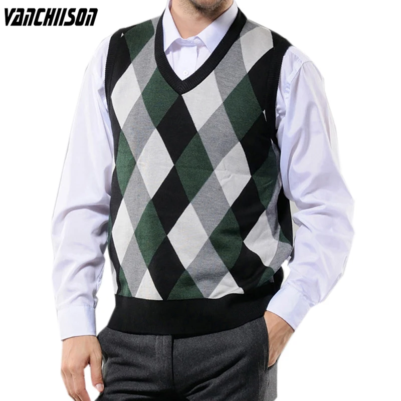 

Mens Brand Knit Tank Jumpers Basic Sweater Pullover Sleeveless 29.5% Wool Casual for Autumn Winter V Neck Argyle 00001