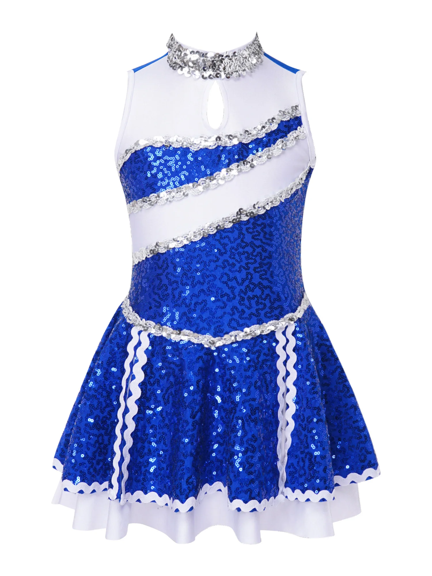 

Kids Girls Cheerleading Clothes Sleeveless Round Collar Shiny Sequins Decorated Patchwork Style Invisible Zipper Dance Dress