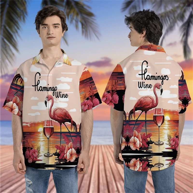 

Harajuku Fashion Grape Beach Shirt Wine Red Wine Glass Shirts For Men Clothes Casual Animal Flamingo Hawaiian Women Blouses Tops