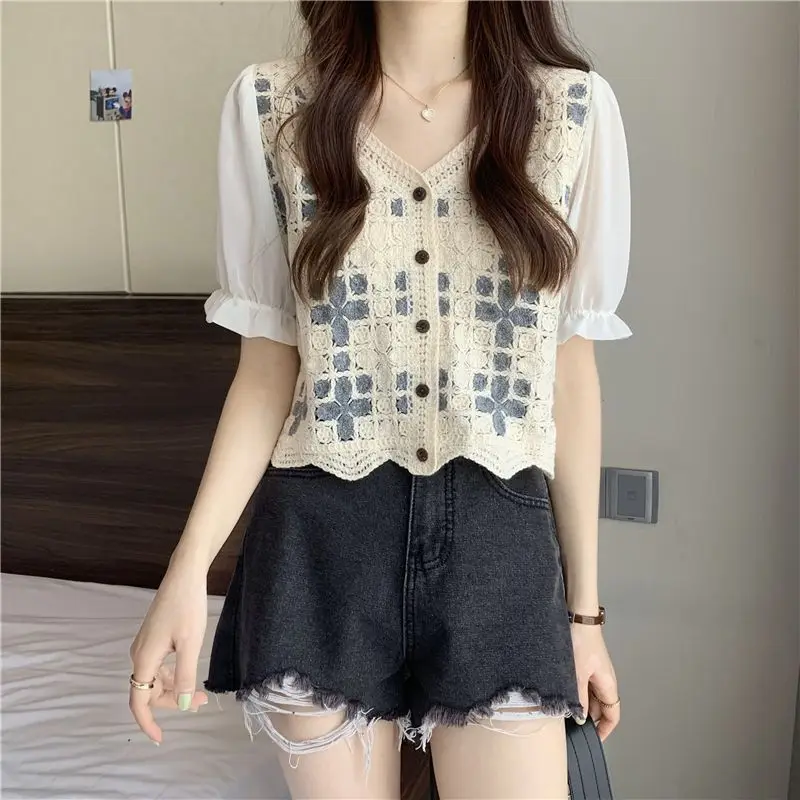 Women Crochet Knit Top with Chiffon Half Sleeve V-Neck Button Down Embroidery Floral Blouse Cardigan Spring Summer Boho Festival 1 S3508dd368cbc475a84054b57d69b6d18T
