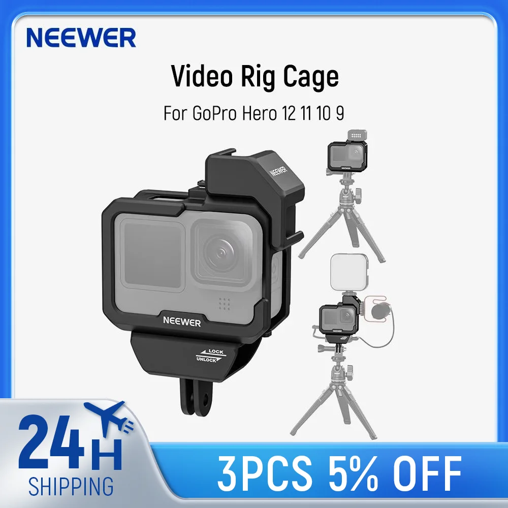 

NEEWER Video Rig Cage Compatible with GoPro Hero 12 11 10 9 Light Mod Max Lens Mod, Durable Plastic with 3.5mm Media Audio Mic