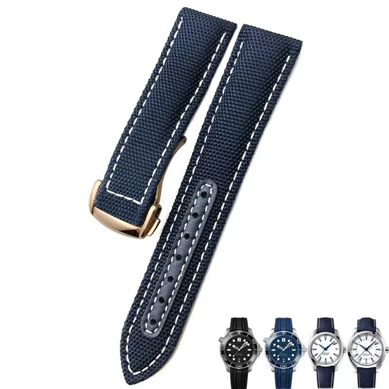 

HAODEE 19mm 20mm Woven Nylon Watch Strap Black Blue Deployment Buckle Leather Watch Bands For Omega AT150 AQUA TERRA Seamaster