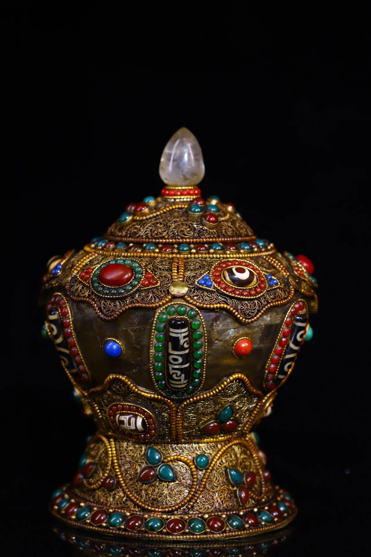 7"Tibetan Temple Collection Old Natural Crystal Tibetan silver filigree Mosaic Gem gZi Beads Buddha Treasure jar Worship Hall
7"Tibetan Temple Collection Old Natural Crystal Tibetan silver filigree Mosaic Gem gZi Beads Buddha Treasure jar Worship Hall