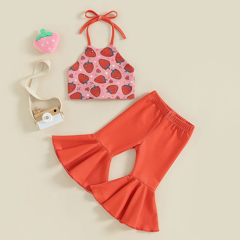 

Toddler Baby Girls Summer Outfit Tie-up Halterneck Strawberry Print Vest with Flare Pants 2-piece Outfit Children's Clothing Set