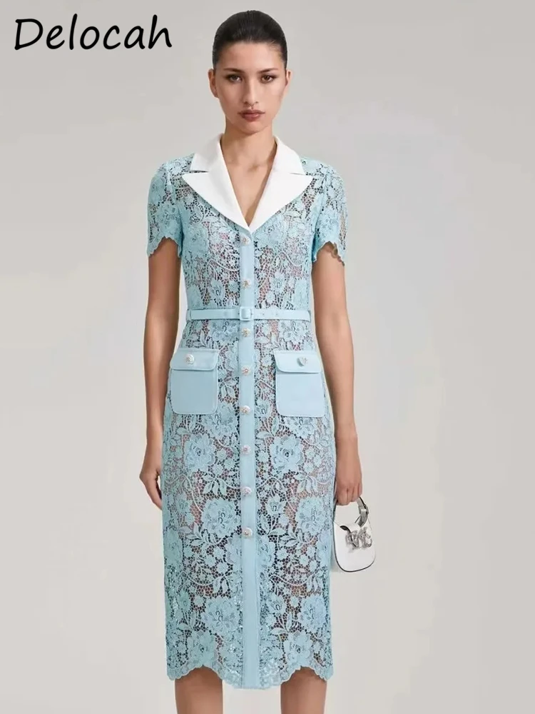 Delocah High Quality Summer Women Fashion Runway Blue Print Dress With Belt Short Sleeve Pocket Hollow Out Pencil Midi Dresses
Delocah High Quality Summer Women Fashion Runway Blue Print Dress With Belt Short Sleeve Pocket Hollow Out Pencil Midi Dresses
