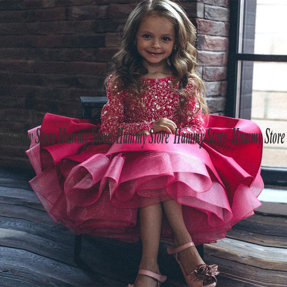 

Cute Fuchsia Flower Girl Dress Sparkling Full Sleeve O Neck Beading Sequin Puff First Communion Gown Mini Party Pageant