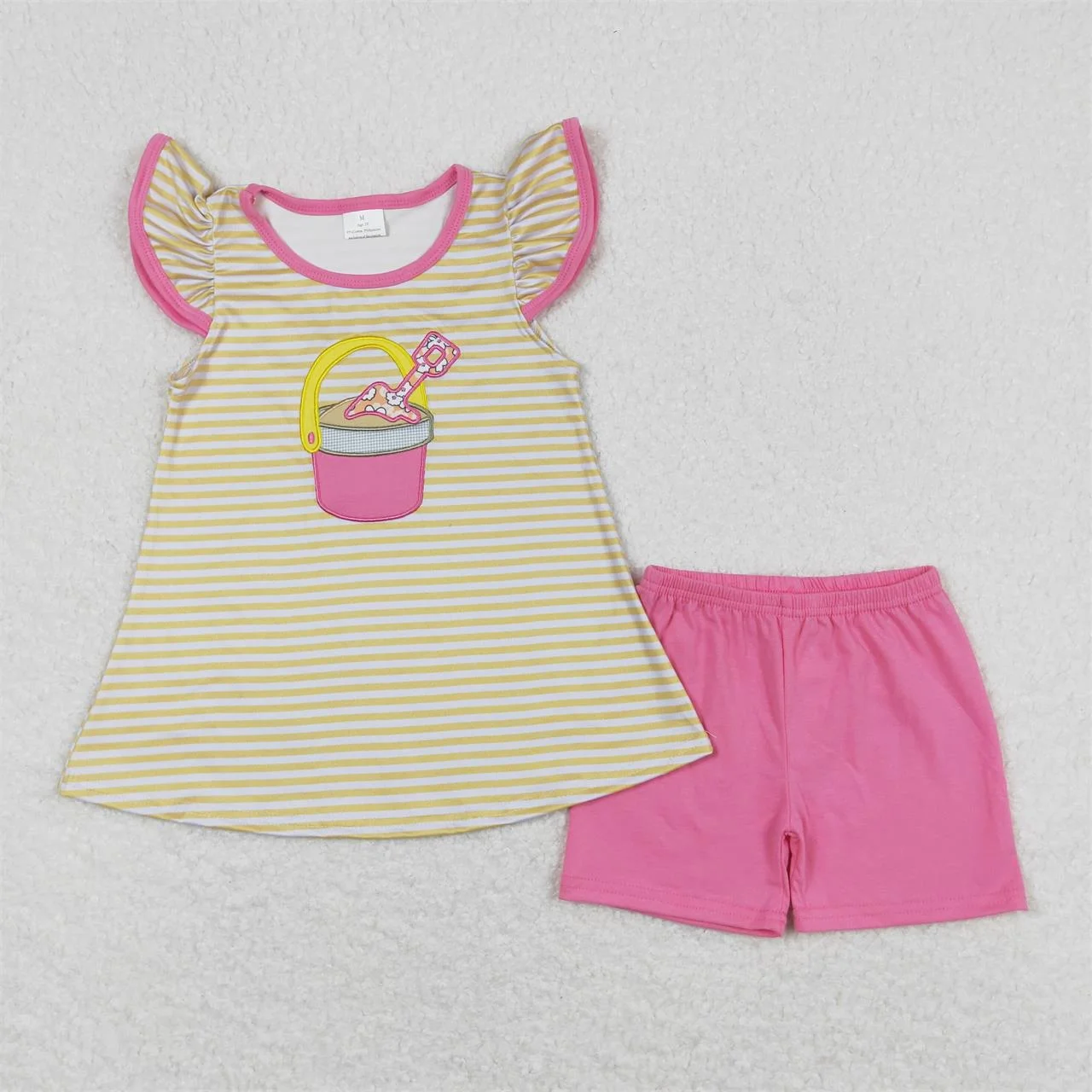 

Wholesale Kids Children Short Sleeves Embroidery Tunic Stripes Tops Outfit Toddler Pink Shorts Summer Baby Girl Two Pieces Set