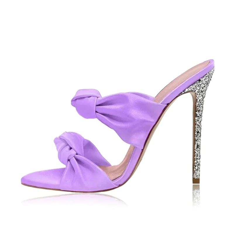 

Luxury Satin Mules Sandal Bling Bling Sequin Glitter 120 mm Stiletto Heels Knot Open Toe Cover Heels Summer Dress Shoes