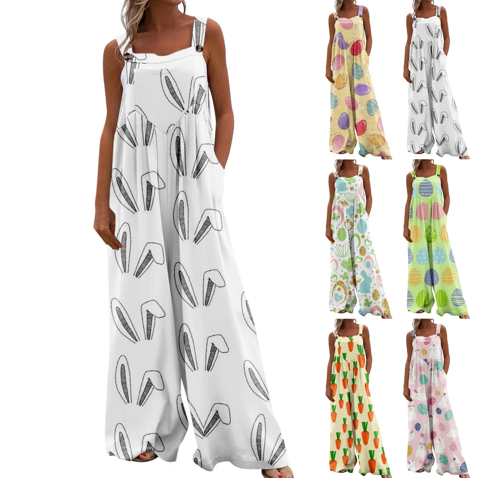 

Women's Overalls Casual Funny Printed Wide Leg Jumpsuits Bib Rompers Sleeveless Straps With Pockets Outfits فساتين طويلة