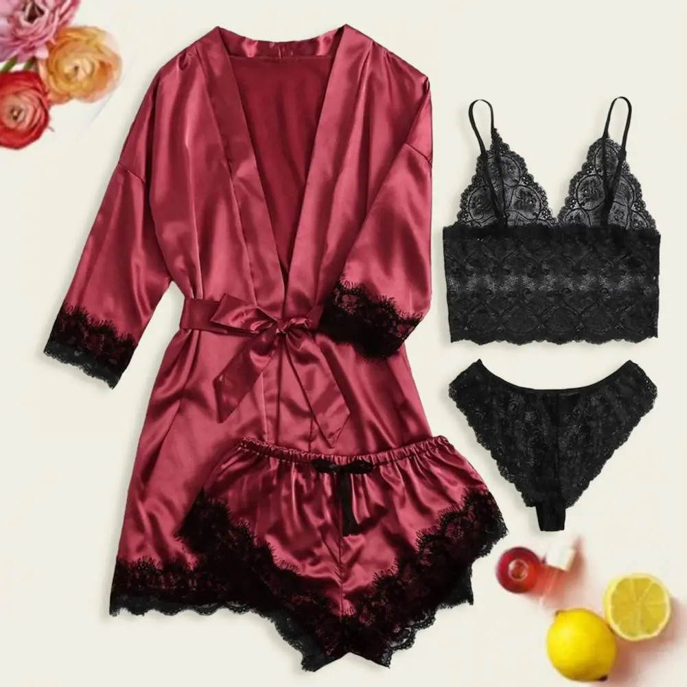 

Women Sleepwear 4-piece Women's Nightwear Set Lace Strap Bra G-string Thong Glossy Faux Satin Shorts Belted Loose Nightdress