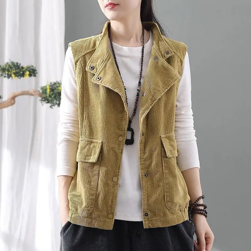 

Retro Stand Collar Corduroy Vest Autumn Winter New Women's Solid Color Pockets Sleeveless Covered Button Versatile Cardigan Tops