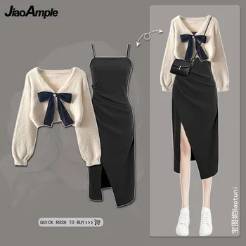 Conjunto Primavera-Outono: Elegância e Juventude no Estilo Coreano 13 Women's Spring Autumn New Knitted Sweaters Two Piece 2024 Korean Elegant Bow Cardigan Strap Skirt Matching Set Female Clothing