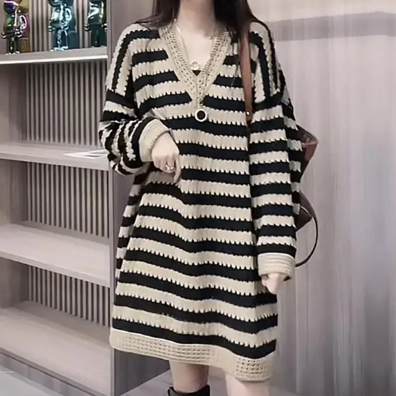 

Fashion V-Neck Striped Hollow Out Loose Casual Dresses Women's Clothing 2023 Autumn Winter Oversized Knitted Commuter Mini Dress