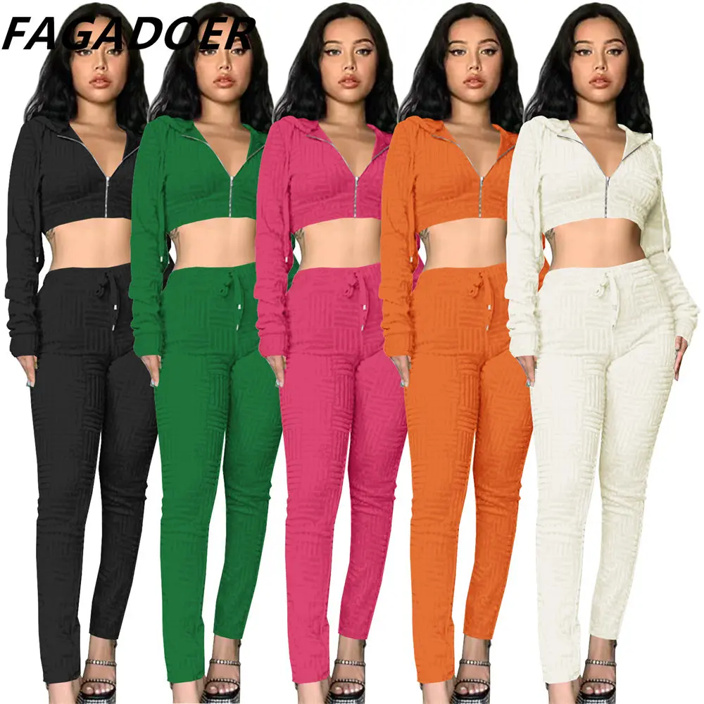 

FAGADOER Fall Winter Hoody Tracksuits Women Zipper Long Sleeve Crop Top And Jogger Pants Two Piece Set Casual Solid 2pcs Outfits
