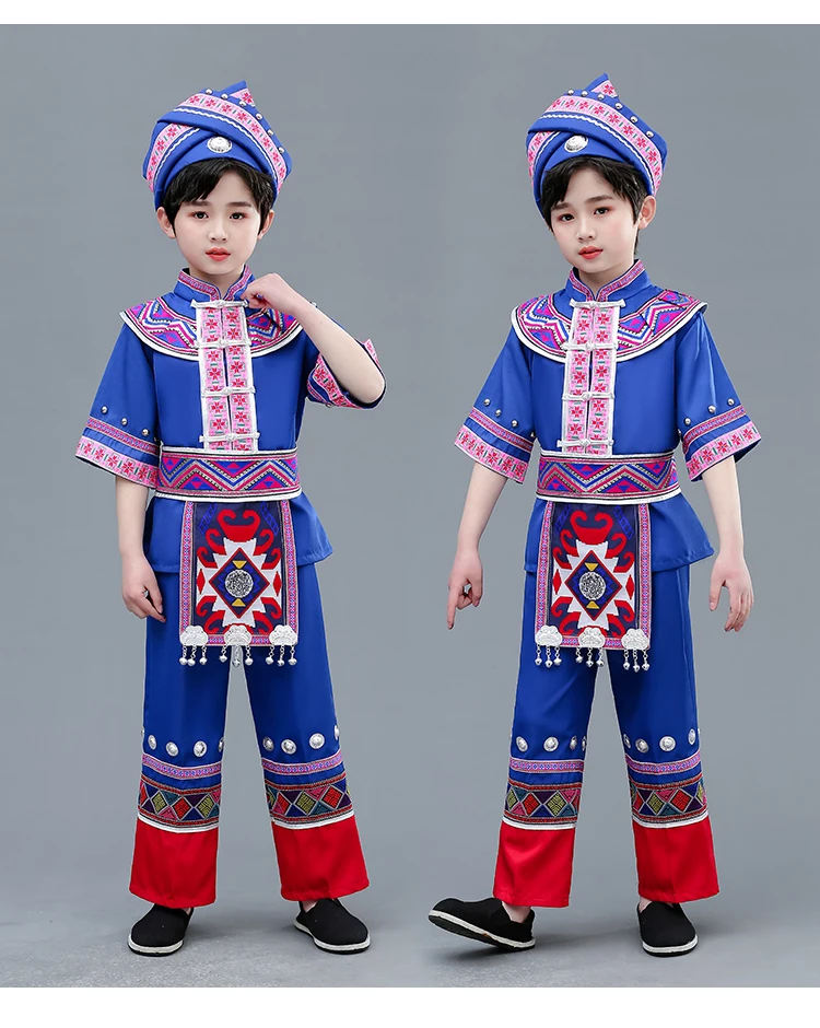 

Ethnic Costume Children Zhuang Boys and Girls Performing Costumes Miao Yi Tujia Performance Wear
