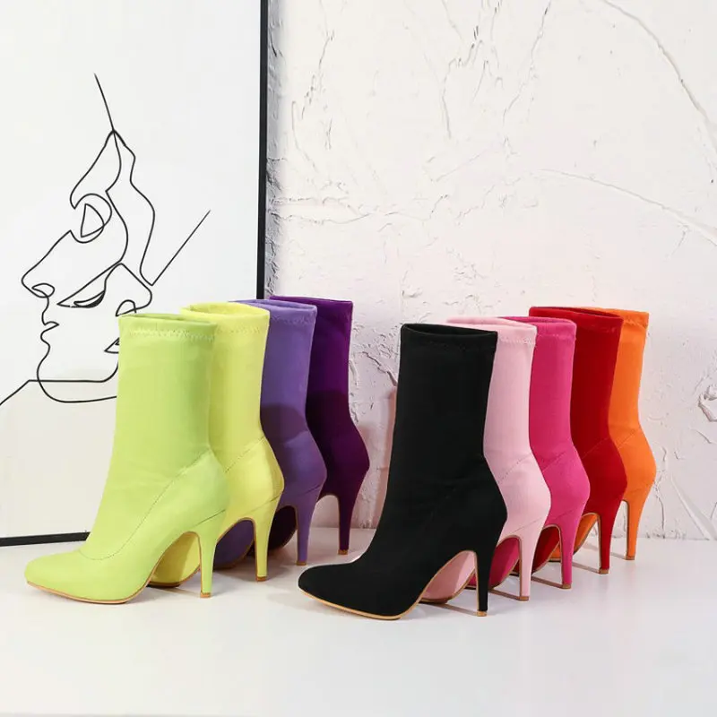 

Женские однотонные ботинки на шпильке, фиолетовые, оранжевые, розовые или желтые ботинки на тонком высоком каблуке, очень большие размеры 33-48