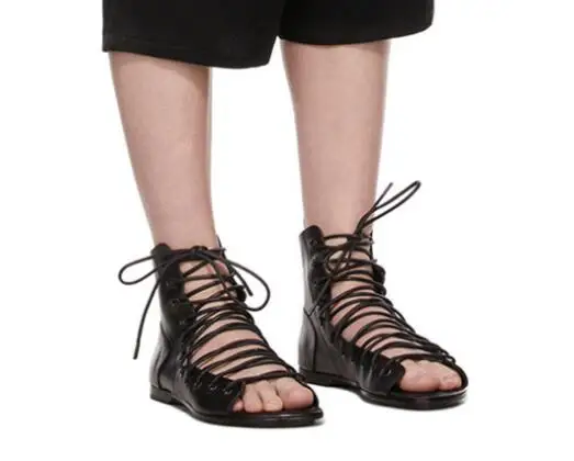 

Roman Style Black Genuine Leather Gladiator Hollow Cross Tied Peep Toe Flat Ankle Boots Women Cool Cuts Out Lace Up Sandal Boots