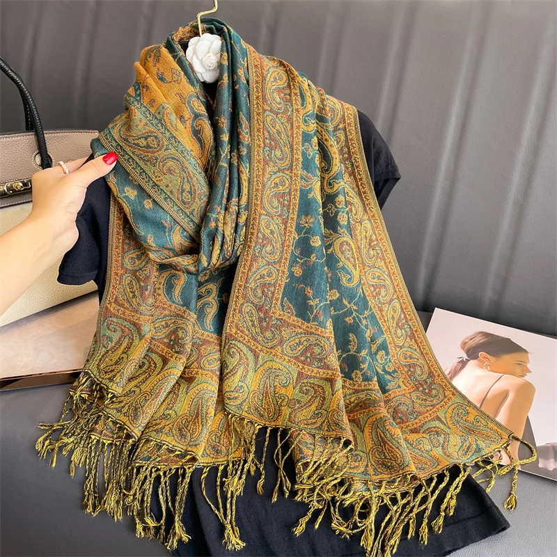 

Luxury Pashmina Silk Scarf Shawl Wrap Paisley Jacquard Flowers Borders Layers Reversible Classic Tassels For Women 70X190cm