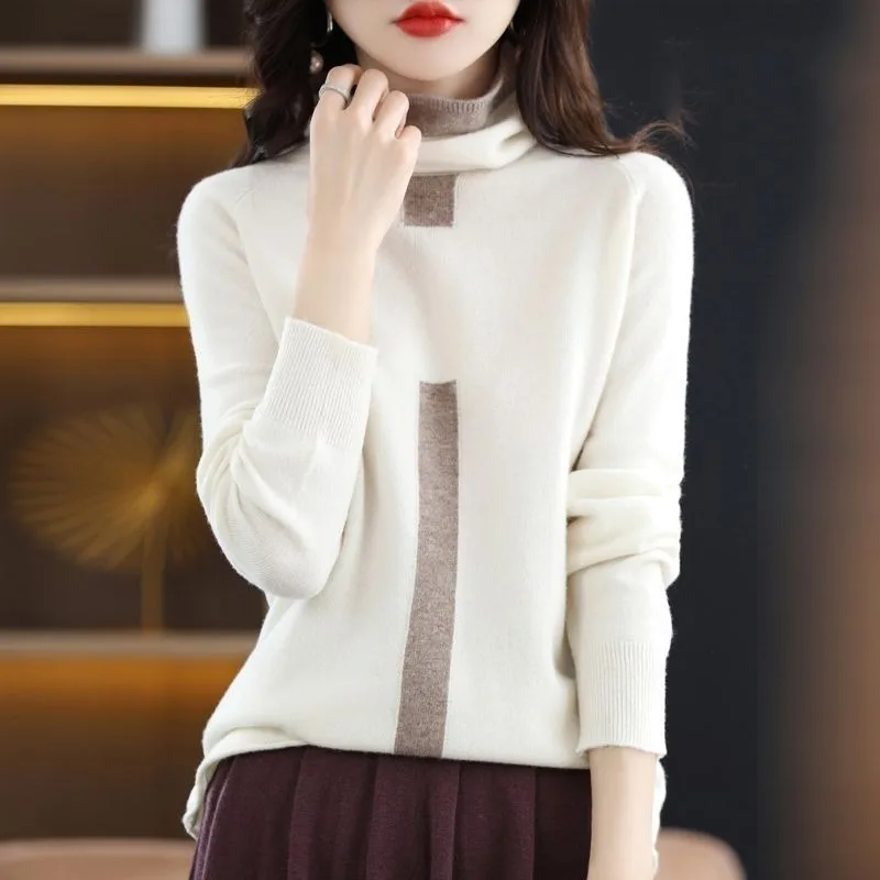 

Women's Autumn Winter Fashion Elegant Pile Neck Color Matching Temperament Versatile Long Sleeved Slim Fit Sweater Knitwear Top