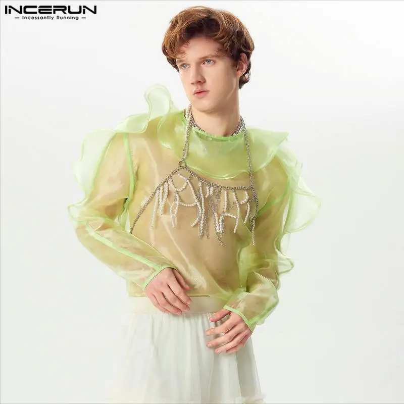 

Handsome Sexy New Men's Tops INCERUN 2024 Organza Ruffle Slightly Transparent Shirts Fashion Male Thin Long Sleeved Blouse S-5XL