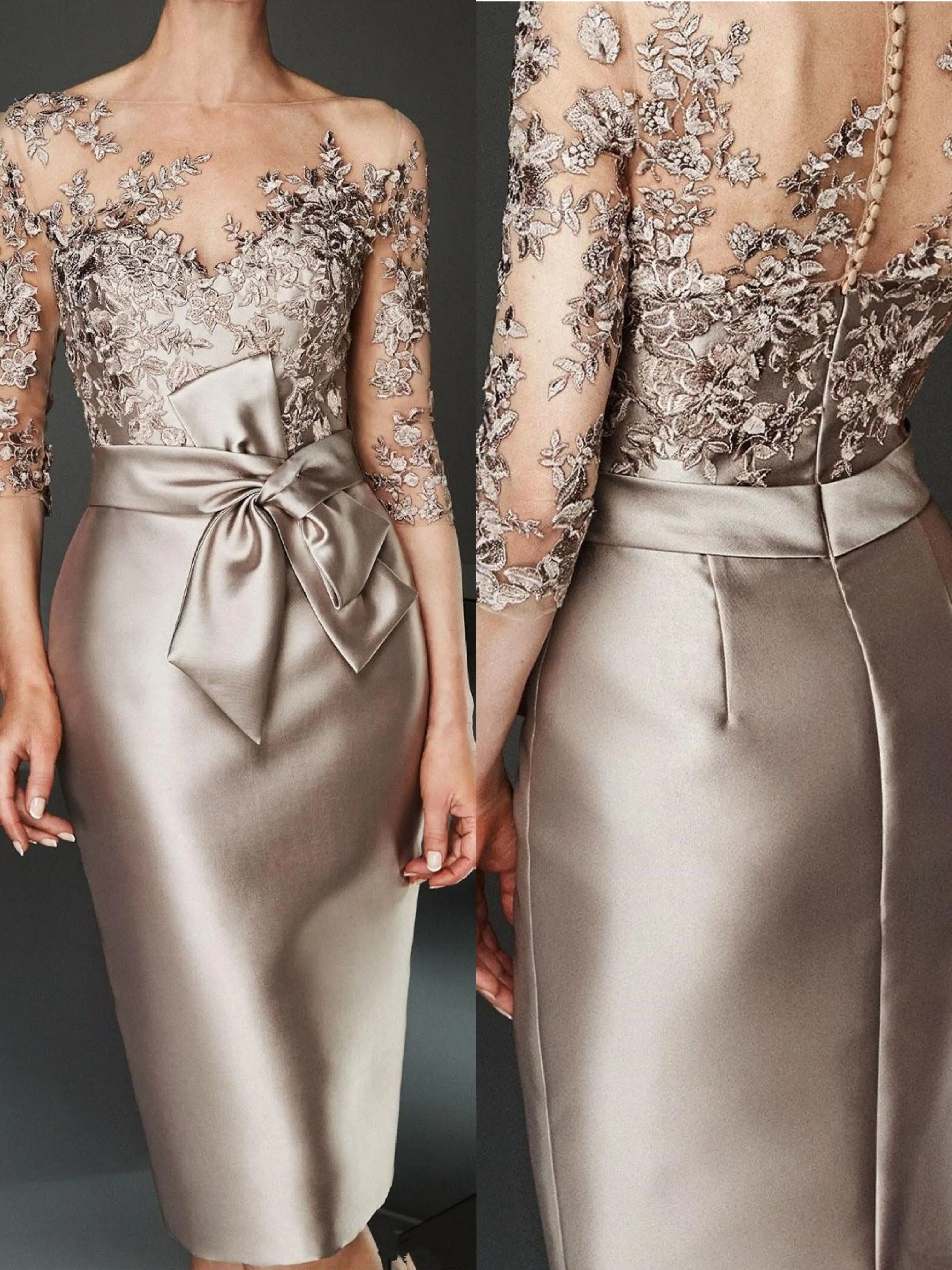 Silver Champagne Mother of the Bride Dresses Three Quarter Sleeves Short Knee Length Satin Lace Applique Formal Party Guest Gown
Silver Champagne Mother of the Bride Dresses Three Quarter Sleeves Short Knee Length Satin Lace Applique Formal Party Guest Gown