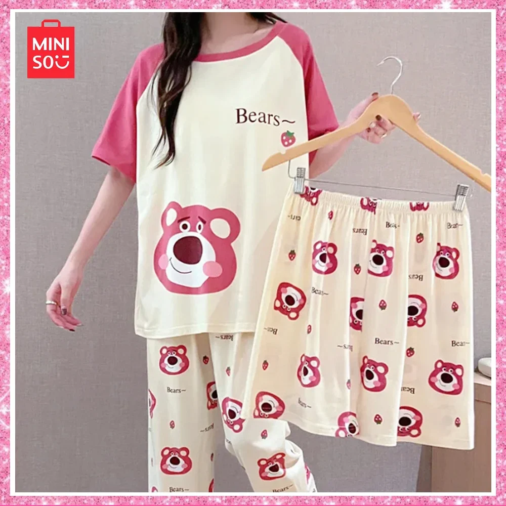

2024 New Miniso Lotso New Summer Sweet Cool Cute Cartoon Pajamas Milk Silk Casual Loungewear Three Pieces Girls Birthday Gift