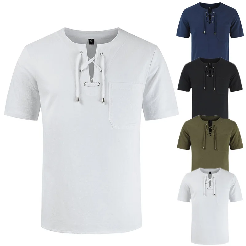2024 New Summer Men's Short-sleeved T-shirt Cotton and Linen Laceup Tshirt Casual Round Neck Fashion Solid Color Large Top Shirt
2024 New Summer Men's Short-sleeved T-shirt Cotton and Linen Laceup Tshirt Casual Round Neck Fashion Solid Color Large Top Shirt