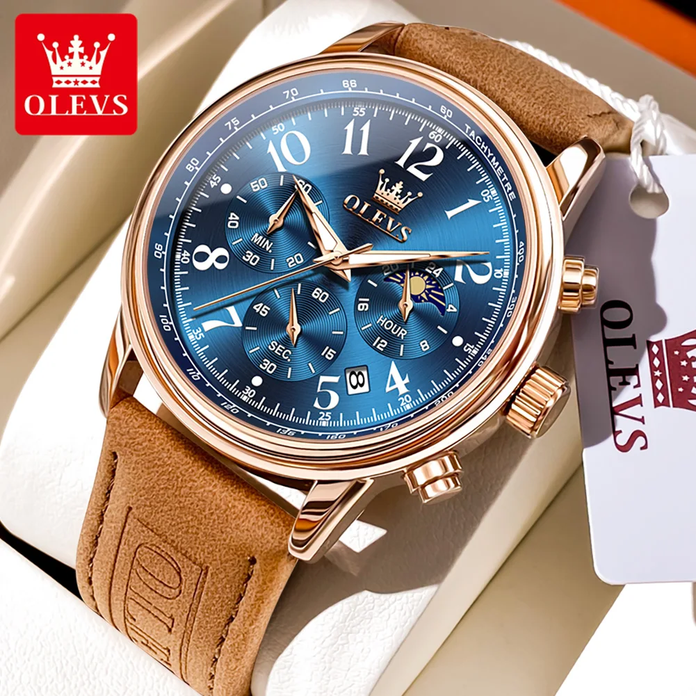 

OLEVS Fashion Luxury Brand Men's Watches Calendar Waterproof Original Quartz Watch Leather strap Chronograph Luminous Moon Phase