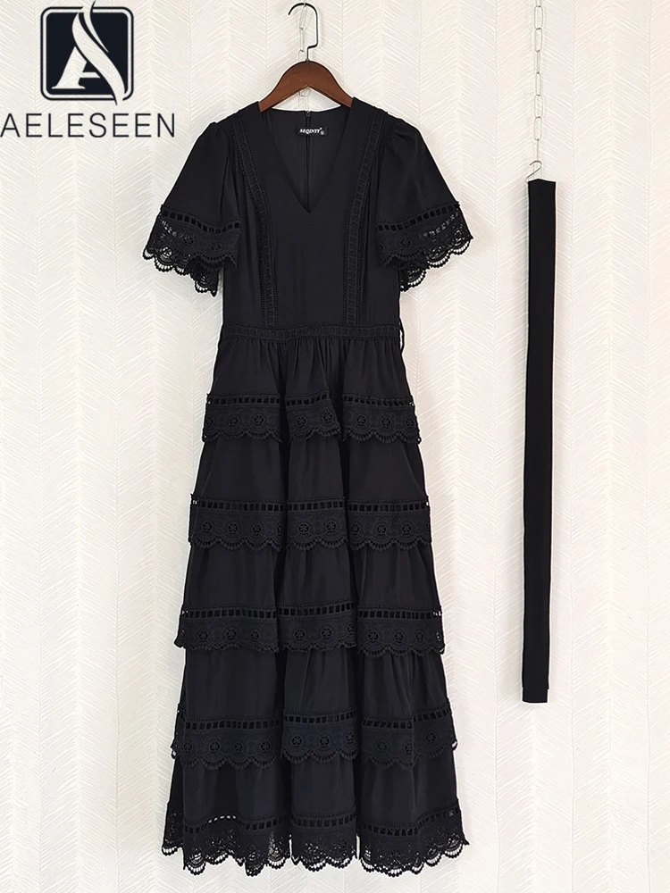 

AELESEEN Runway Fashion Cotton Dress Women Summer V-Neck Flare Sleeve Hollow Out Ruffles Belt Black White Elegant Long Party
