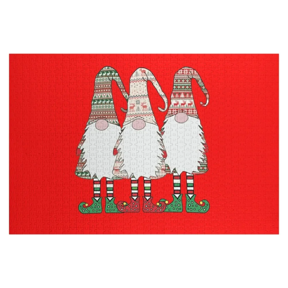 

3 Nordic Gnomes Winter Christmas Swedish Tomte Cute Elves Jigsaw Puzzle Customizable Gift Personalized Name Puzzle