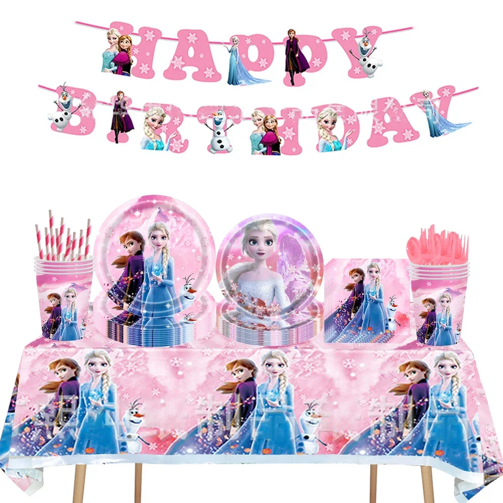 

Disney Pink Frozen Theme Disposable Party Tableware Elsa Anna Princess Plates Napkin Tablecloth Baby Shower Birthday Party Decor