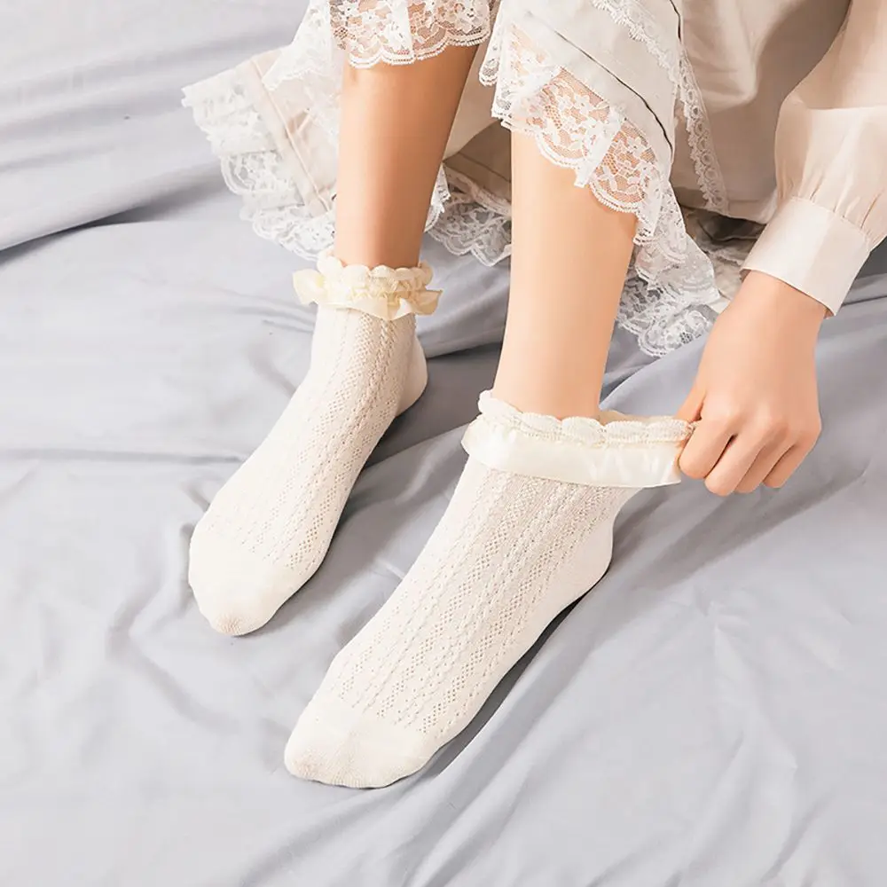 

Милые кружевные женские Чулочно-носочные изделия, однотонные носки в стиле "Лолита", Короткие хлопковые носки с оборками
