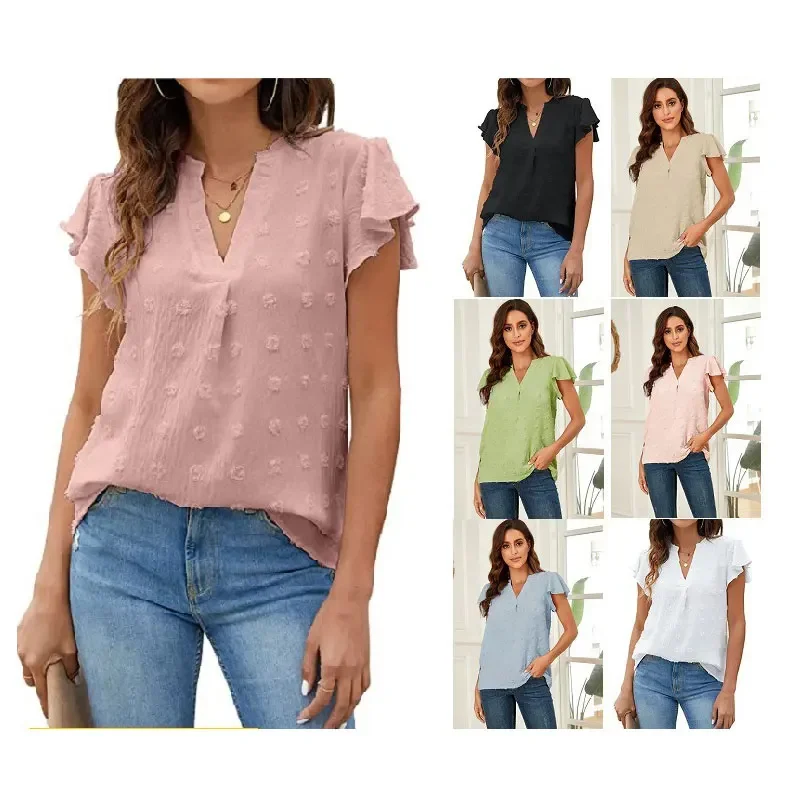 

2022 Summer New Polka Dot Ruffle Sleeve V-neck Chiffon Shirt Fashionable Solid Color All-Matching Loose Casual Top Women