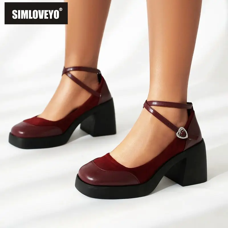 

SIMLOVEYO Mary Janes Women Pumps Square Toe Chunky Heels 8cm Platform Ankle Buckle Strap Big Size 41 42 43 Elegant Party Shoes