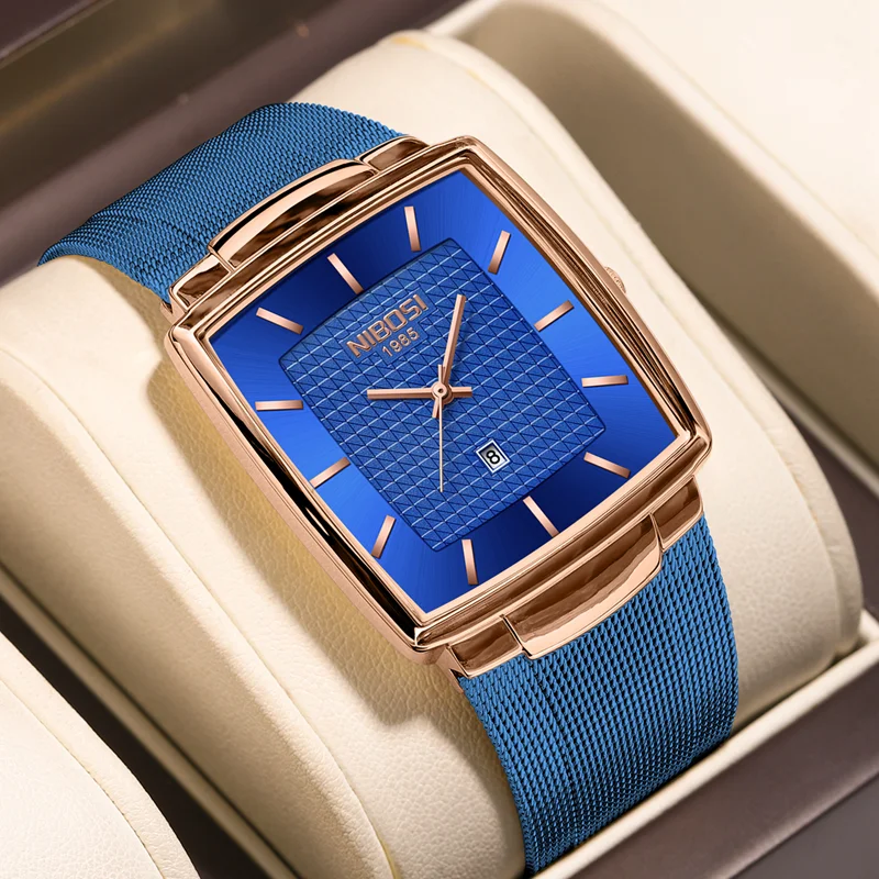 

NIBOSI Fashion Blue Square Quartz Watch Men Stainless Steel Waterproof Calendar Mens Watches Top Brand Luxury Relogio Masculino
