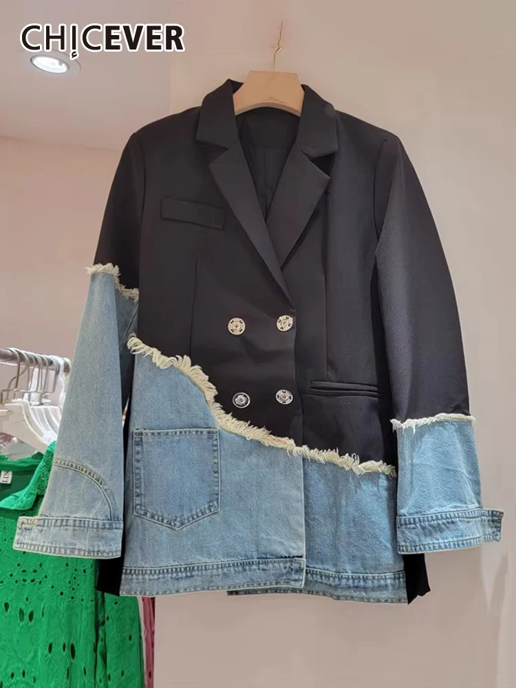 CHICEVER Patchwork Denim Coats For Women Notched Collar Long Sleeve Spliced Raw Hem Hit Color Irregular Fashion Blazers Female
CHICEVER Patchwork Denim Coats For Women Notched Collar Long Sleeve Spliced Raw Hem Hit Color Irregular Fashion Blazers Female