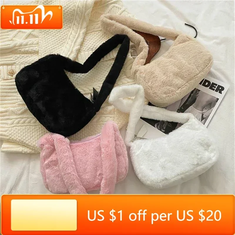 

Simple Design Women Soft Plush Hobos Shoulder Bags Winter Furry Ladies Clutch Purse Handbag Fashion Female Underarm Bag