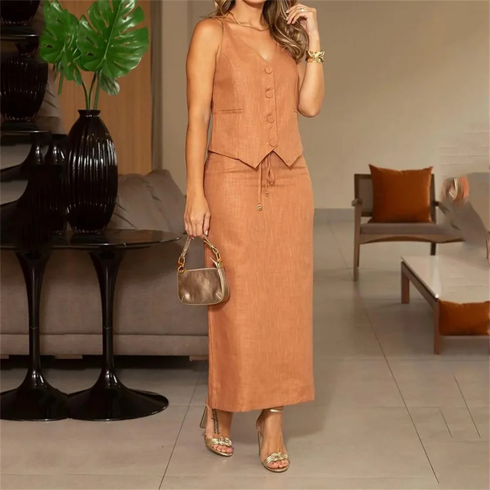 Элегантный однотонный комплект из двух предметов с длинной юбкой, женский летний однобортный жилет без рукавов с V-образным вырезом, прямой костюм из искусственной кожи
Элегантный однотонный комплект из двух предметов с длинной юбкой, женский летний однобортный жилет без рукавов с V-образным вырезом, прямой костюм из искусственной кожи