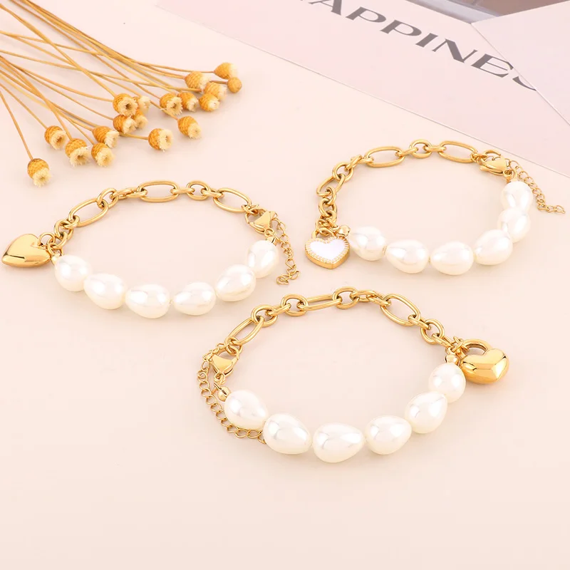 

Romantic Heart Pendant Bracelets For Women Shell Imitation Pearl Beads Charm Women Chain Bangles Jewelry Wristband Gift