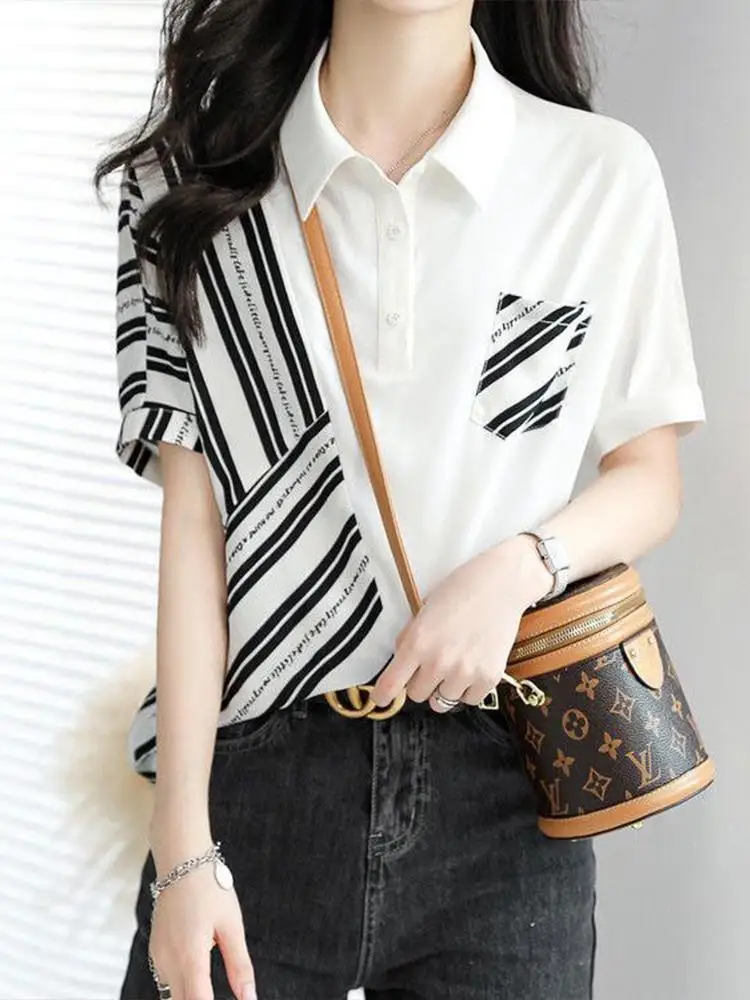 Fashionable Casual Striped Patchwork Short Sleeved T-shirt Summer Casual Loose Slimming Versatile Tops Fashion Clothes for Women Fashionable Casual Striped Patchwork Short Sleeved T-shirt Summer Casual Loose Slimming Versatile Tops Fashion Clothes for Women