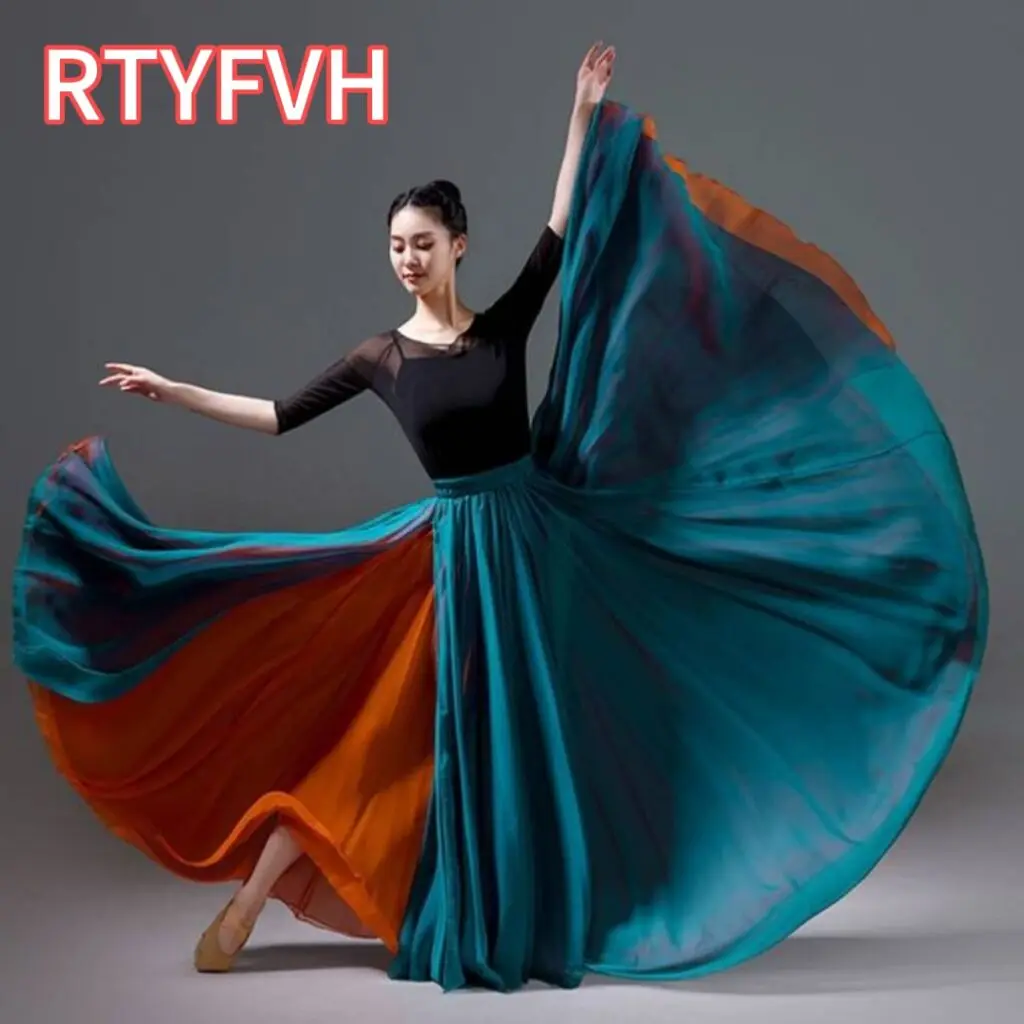 

Women Classical Modern Dance Training Skirt Elegant Ethnic Double Chiffon Performance Swing Skirt Wrap Ethereal 720 Degree Skirt