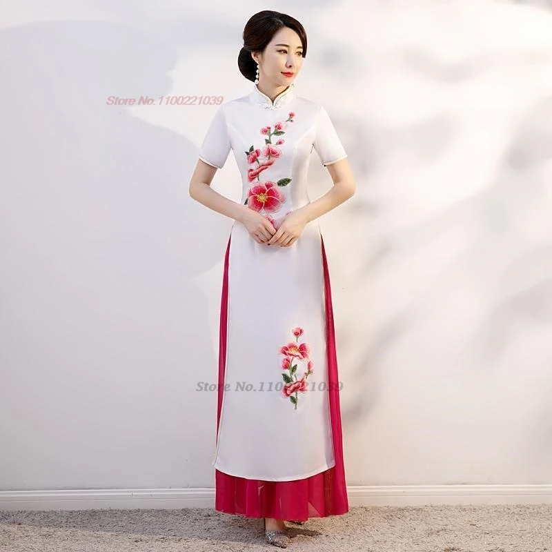 

2024 vietnam aodai dress traditional chinese vintage qipao dress national flower embroidery improved cheongsam oriental dress