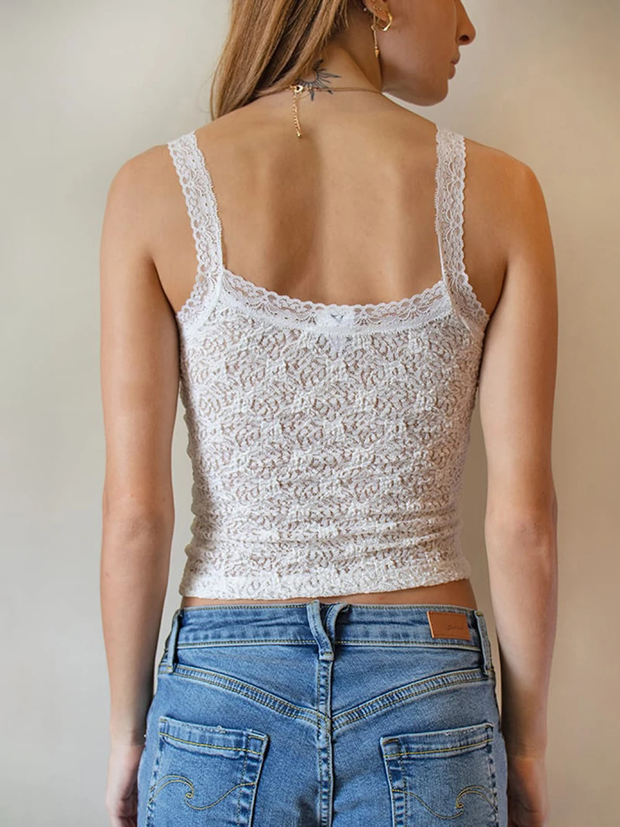 

Women Lace Spaghetti Strap Tank Top Y2K See Through Crop Camisole Sexy Sheer Lace Cami Top Going Out Tank Streetwear